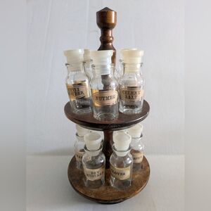 Vintage Glass Spice Jars Bottles Set of 12.Apothecary Jars With Wood Lazy Susan